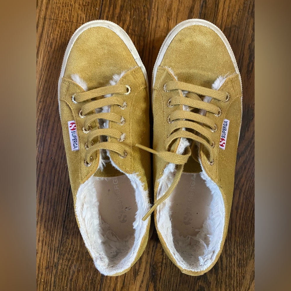 Superga size 8 (37.5). Yellow, good used condition. Furry inside.